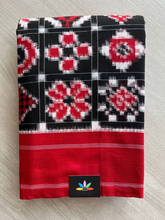 Black & Crimson Red 12 Motif Handwoven Telia Rumal ikkat Cotton Saree - 32236
