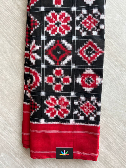 Black & Crimson Red 12 Motif Handwoven Telia Rumal ikkat Cotton Saree - 32236