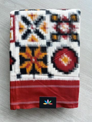 8 Motif Handwoven Telia Rumal ikkat Cotton Saree - 32237