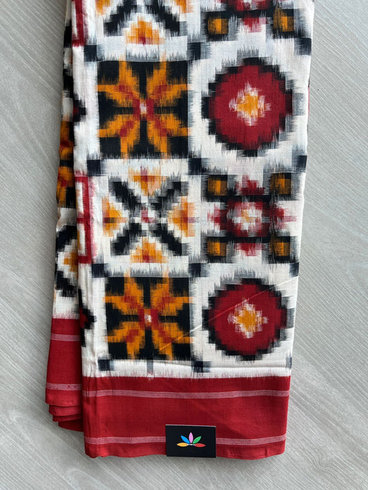 Crimson Red & Light Beige 8 Motif Handwoven Telia Rumal ikkat Cotton Saree - 32237