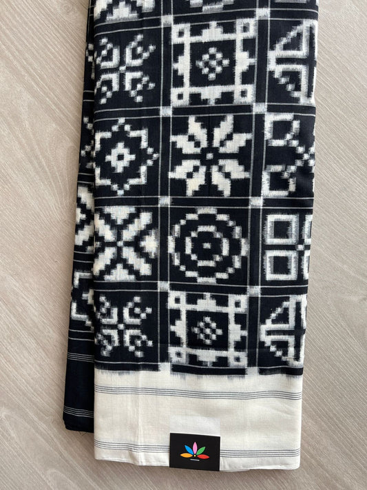 Black 12 Motif Handwoven Telia Rumal ikkat Cotton Saree - 32238