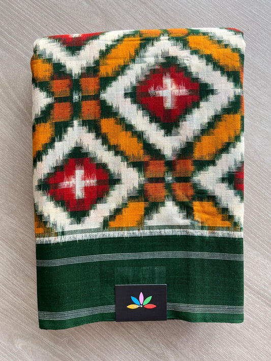 Dark Green Handwoven Telia Rumal ikkat Cotton Saree - 32240