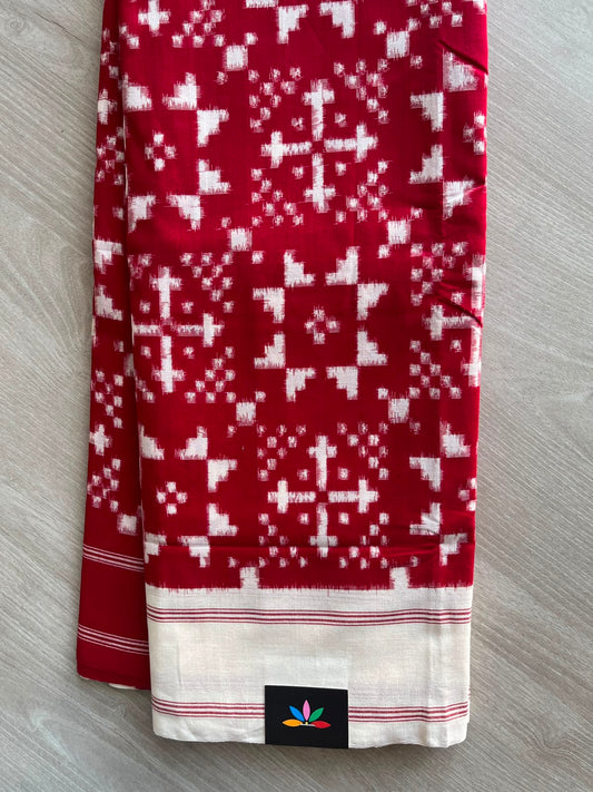 Dark Red Handwoven Telia Rumal Ikkat Cotton Saree - 33470