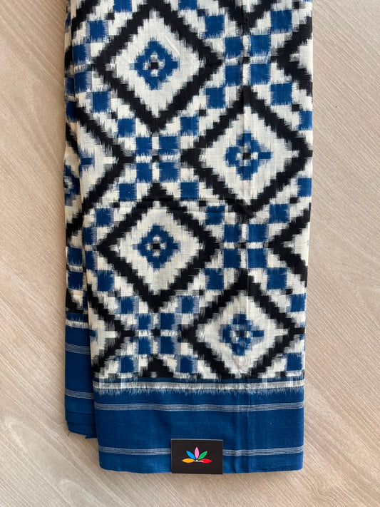 Dark Midnight Blue & Off-White Handwoven Telia Rumal Ikkat Cotton Saree - 33472