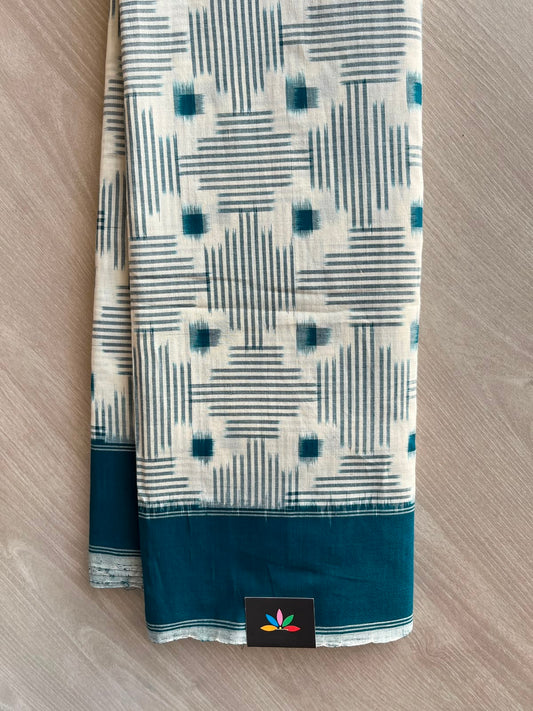 Off-White & Dark Teal Blue Handwoven Double Ikkat Cotton Saree - 33473