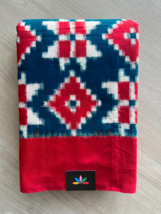 Medium Persian Blue & Crimson Red Handwoven Double Ikkat Cotton Saree - 33475