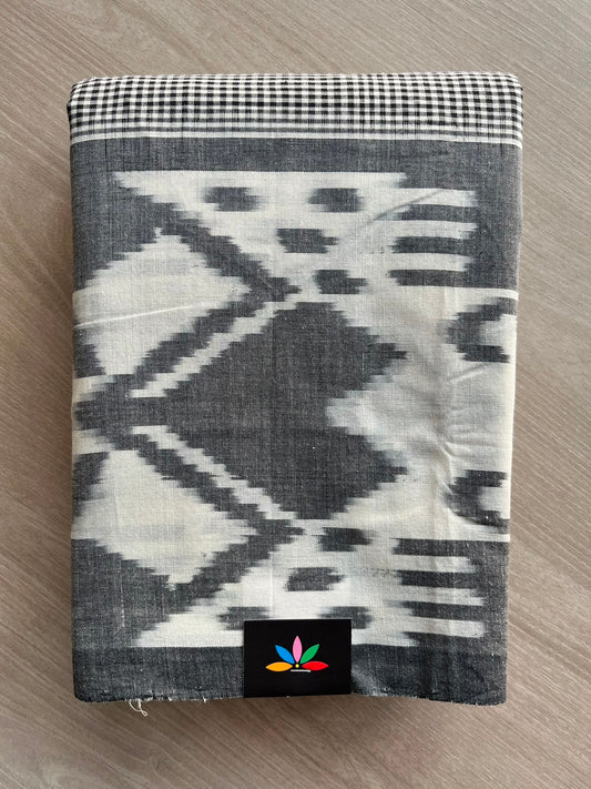 Black & White Checked Handwoven Pochampally Ikkat Cotton Saree- 33477