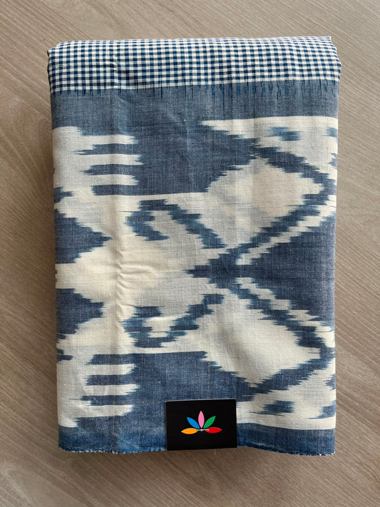 Dark Midnight Blue & White Checked Handwoven Pochampally Ikkat Cotton Saree - 33478
