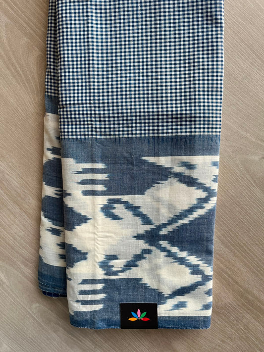 Dark Midnight Blue & White Checked Handwoven Pochampally Ikkat Cotton Saree - 33478
