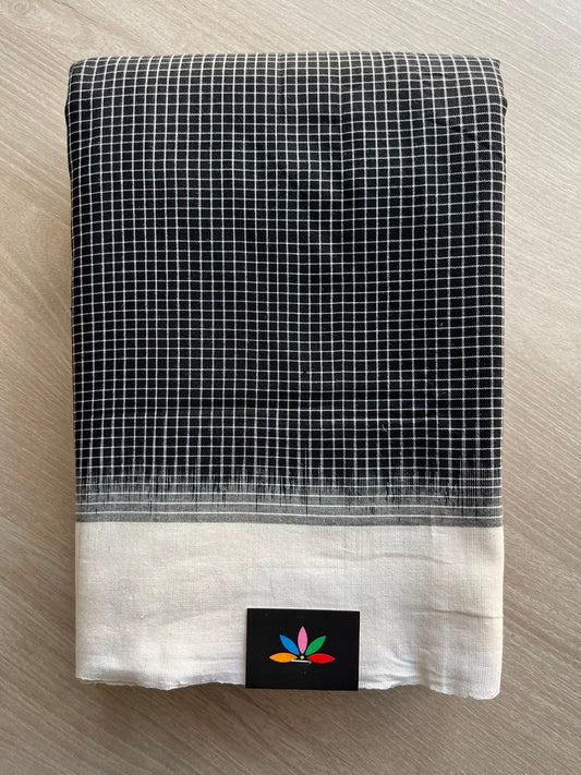 Black & White Checked Handwoven Pochampally Ikkat Cotton Saree - 33482