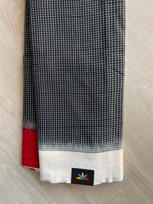 Black & White Checked Handwoven Pochampally Ikkat Cotton Saree - 33482