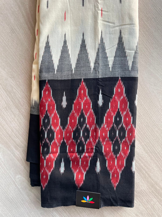 Off-White & Black Handwoven Pochampally Ikkat Cotton Saree - 33483