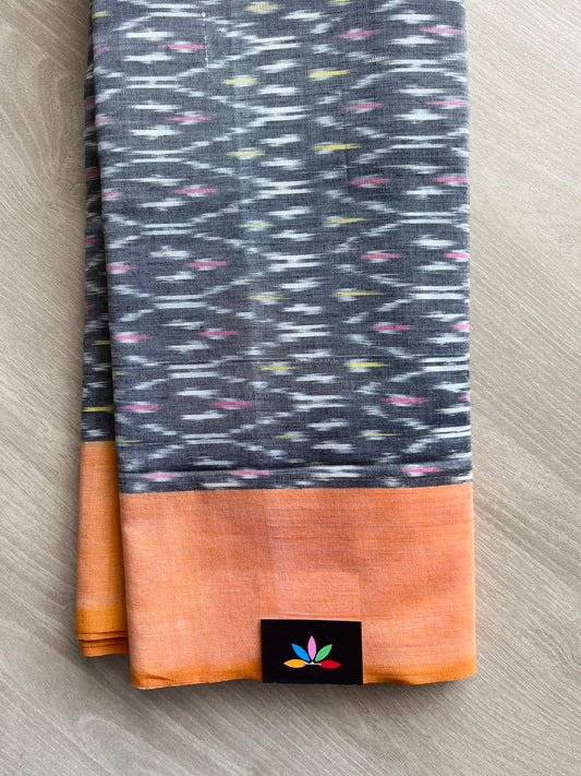 Silver Grey Pochampally Ikkat Blended Cotton Saree (Without Blouse)- 35063