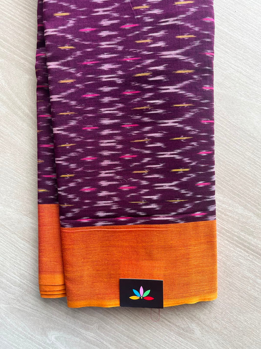 Wine Purple Pochampally Ikkat Blended Cotton Saree (Without Blouse) - 35071-35072