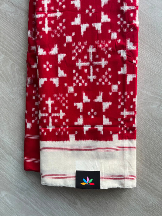 Cherry Red Handwoven Telia Rumal Ikkat Cotton Saree - 35092