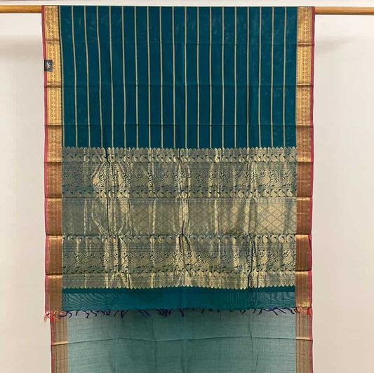 Handwoven Veldhari Kanchi Cotton Saree (Teal)-1416