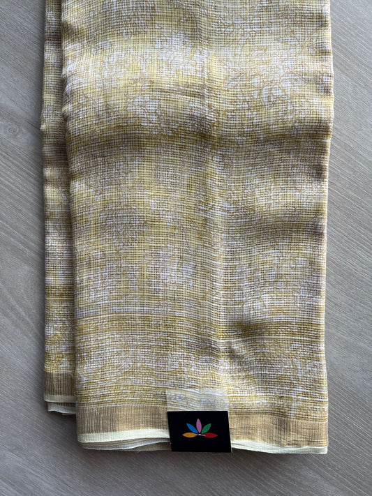 Beige Handblock Printed Kota Doria Saree -21883-21884