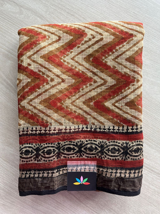 Soft Beige & Rust Shade Handblock Printed Kota Doria Saree - 23979 - 23980