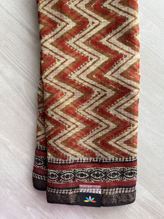 Soft Beige & Rust Shade Handblock Printed Kota Doria Saree - 23979 - 23980
