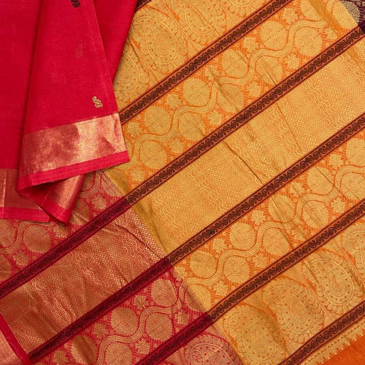 Muppagam Handloom Kanchi Cotton Saree (Scarlet)-2554