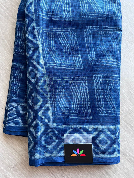 Akola Indigo Handblock Printed Kota Doria Saree -10788-10790