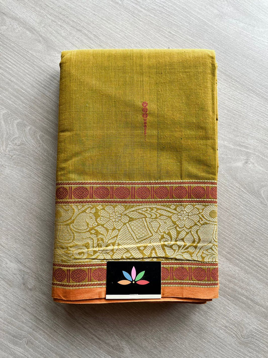 Handwoven Kanchi Cotton Saree - Olive Green -570_S