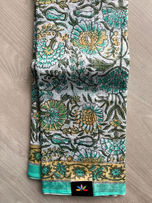 White with Floral Block Printed Kota Cotton Saree-15054-15057