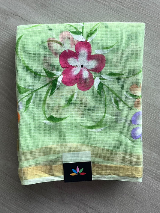 Pastel Green Handbrush Printed Kota Doria Saree-21209