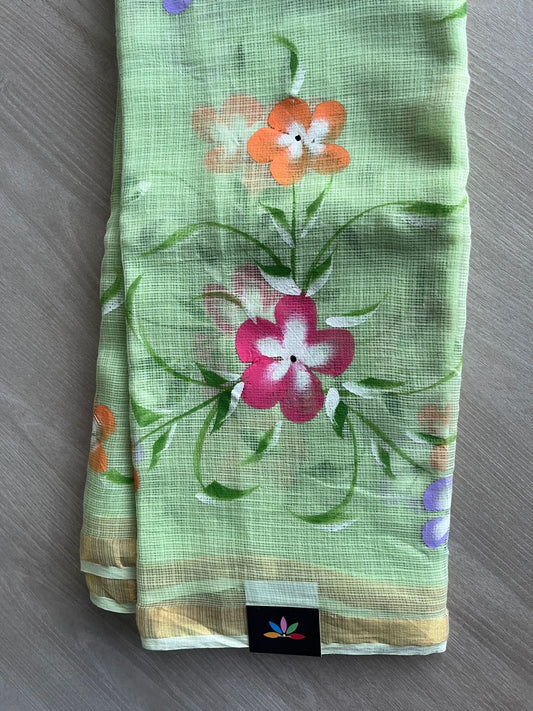 Pastel Green Handbrush Printed Kota Doria Saree-21209