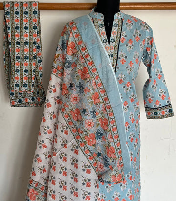 Printed Cotton Kurti 3 Piece Stitched Suit with Embroidery-12603-12606