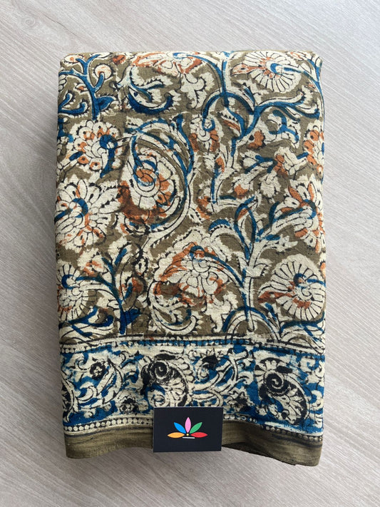 Floral Handblock Printed Kalamkari Mul Cotton Saree - 31790_31791_31792