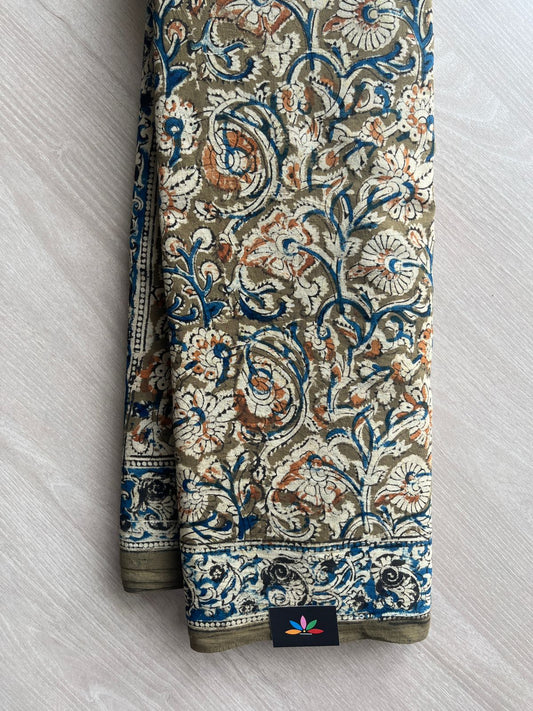 Floral Handblock Printed Kalamkari Mul Cotton Saree - 31790_31791_31792