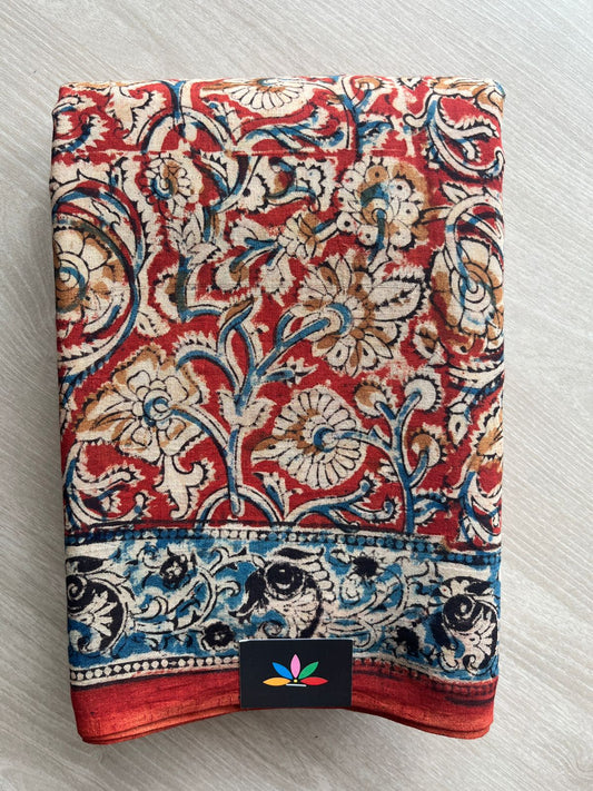 Floral Handblock Printed Kalamkari Mul Cotton Saree - 31796_31797