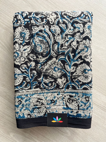 Floral Handblock Printed Kalamkari Mul Cotton Saree - 31798_31799