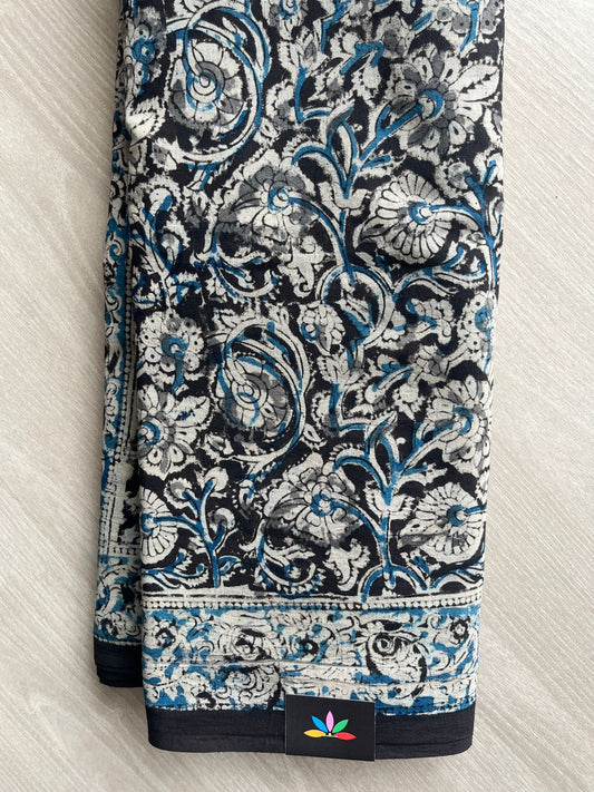 Floral Handblock Printed Kalamkari Mul Cotton Saree - 31798_31799