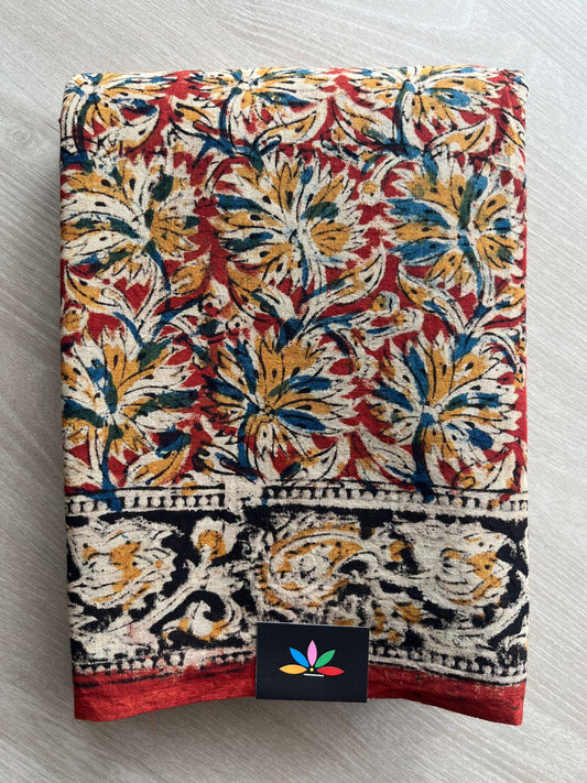 Floral Handblock Printed Kalamkari Mul Cotton Saree - 31800_31801