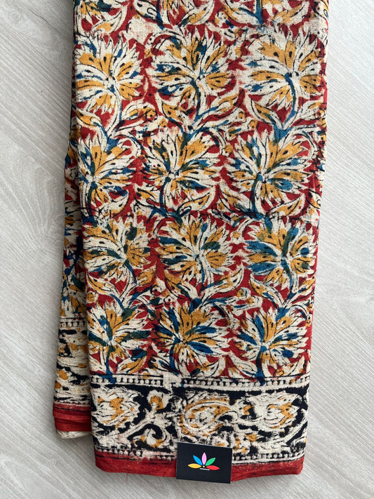 Floral Handblock Printed Kalamkari Mul Cotton Saree - 31800_31801