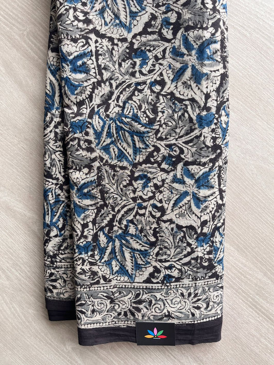 Floral Handblock Printed Kalamkari Mul Cotton Saree - 31802_31803