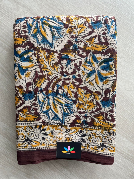 Floral Handblock Printed Kalamkari Mul Cotton Saree - 31804_31805