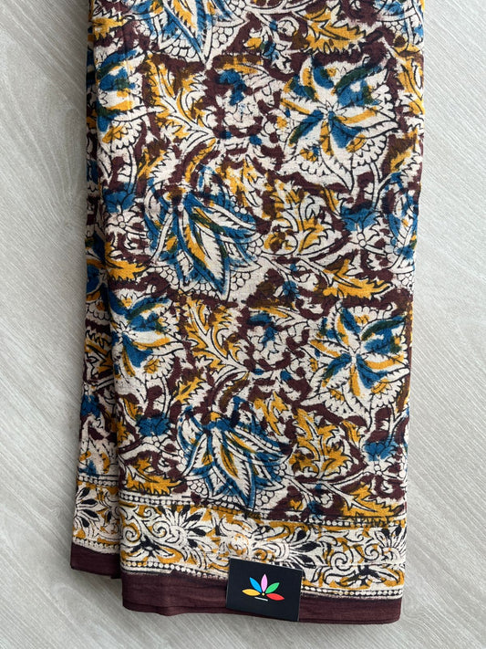 Floral Handblock Printed Kalamkari Mul Cotton Saree - 31804_31805