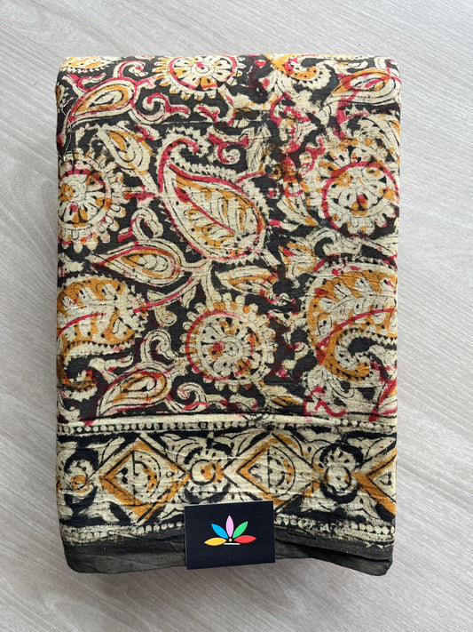 Paisley Handblock Printed Kalamkari Mul Cotton Saree - 31806_31807