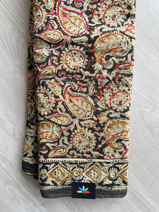 Paisley Handblock Printed Kalamkari Mul Cotton Saree - 31806_31807