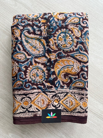 Paisley Handblock Printed Kalamkari Mul Cotton Saree - 31808_31809