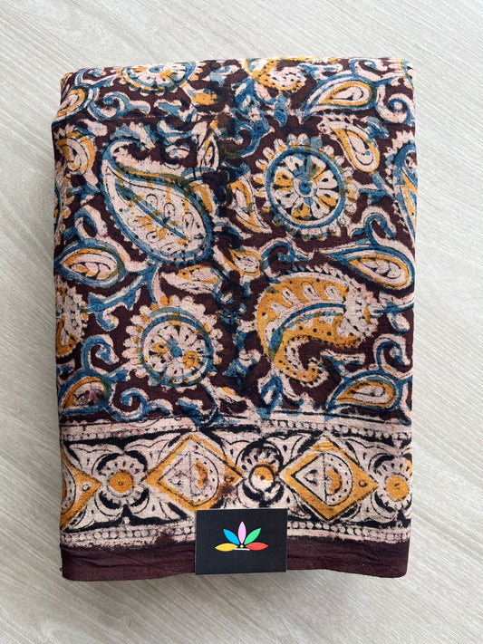 Paisley Handblock Printed Kalamkari Mul Cotton Saree - 31808_31809