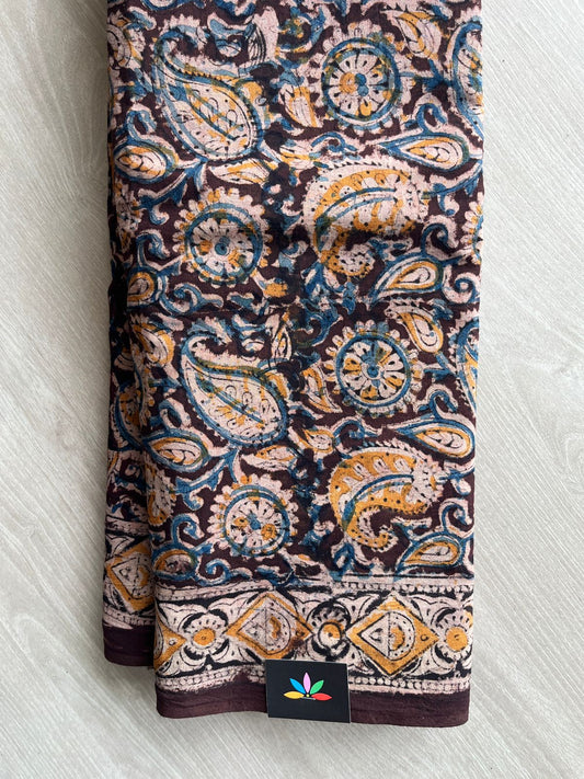 Paisley Handblock Printed Kalamkari Mul Cotton Saree - 31808_31809