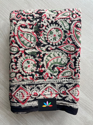 Paisley Handblock Printed Kalamkari Mul Cotton Saree - 31810_31811