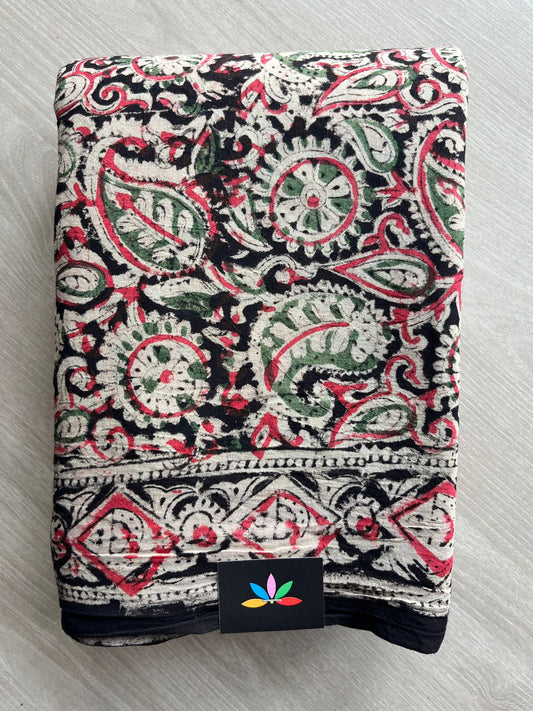 Paisley Handblock Printed Kalamkari Mul Cotton Saree - 31810_31811