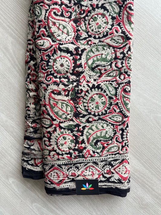 Paisley Handblock Printed Kalamkari Mul Cotton Saree - 31810_31811