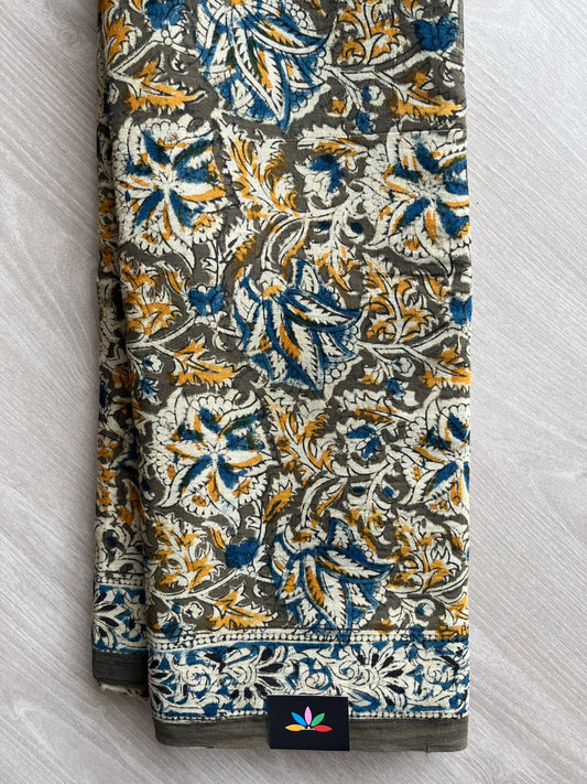 Floral Handblock Printed Kalamkari Mul Cotton Saree - 31812_31813
