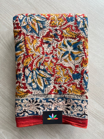 Floral Handblock Printed Kalamkari Mul Cotton Saree - 31814_31815